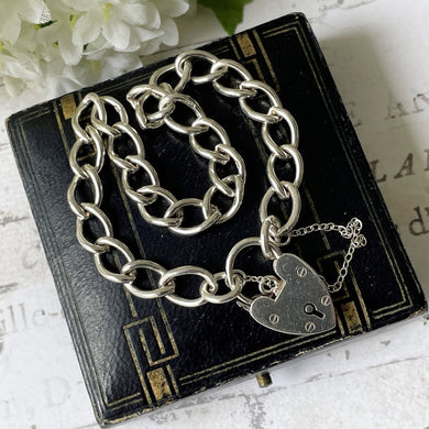 Vintage English Silver Curb Chain Bracelet With Love Heart Padlock
