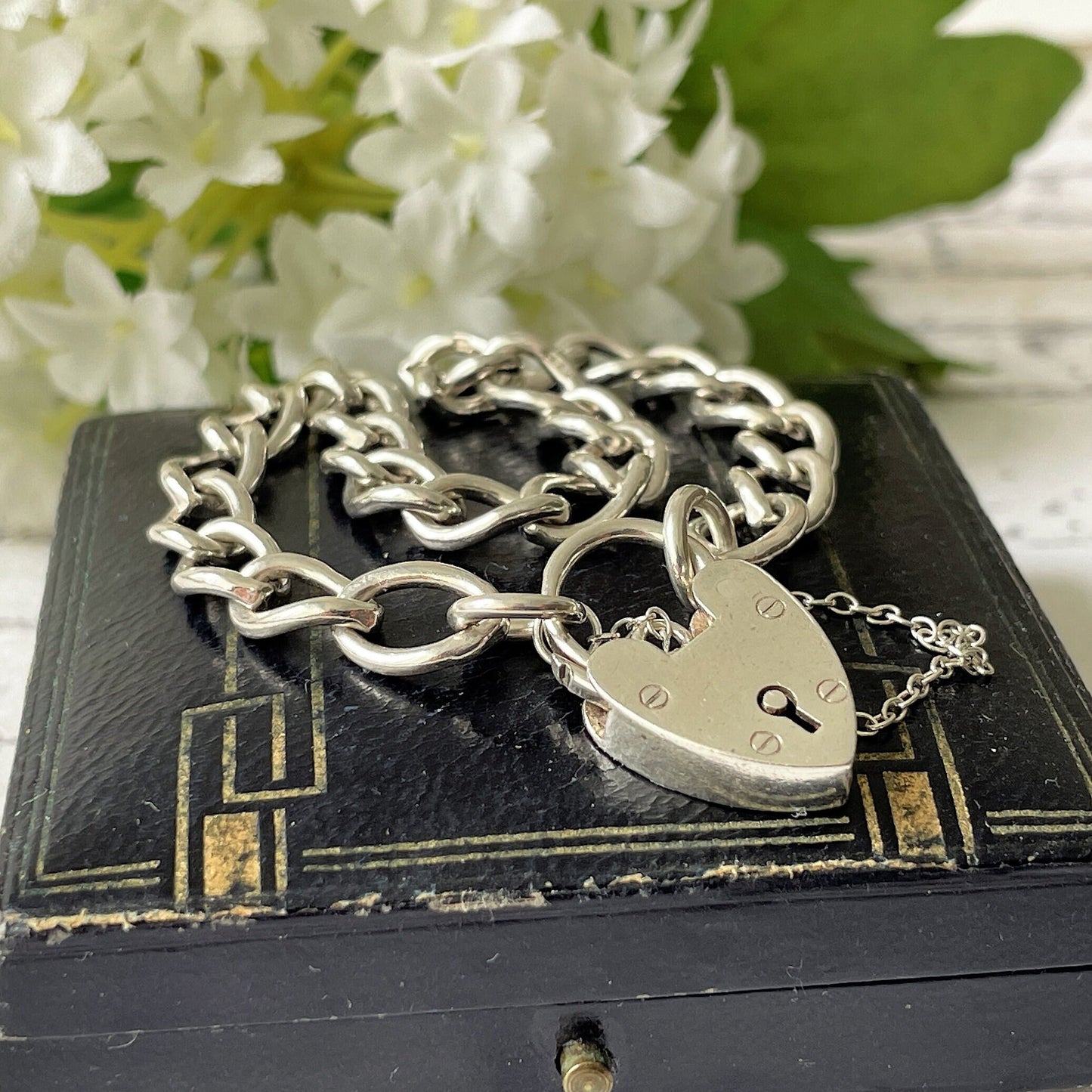 Vintage English Silver Curb Chain Bracelet With Love Heart Padlock
