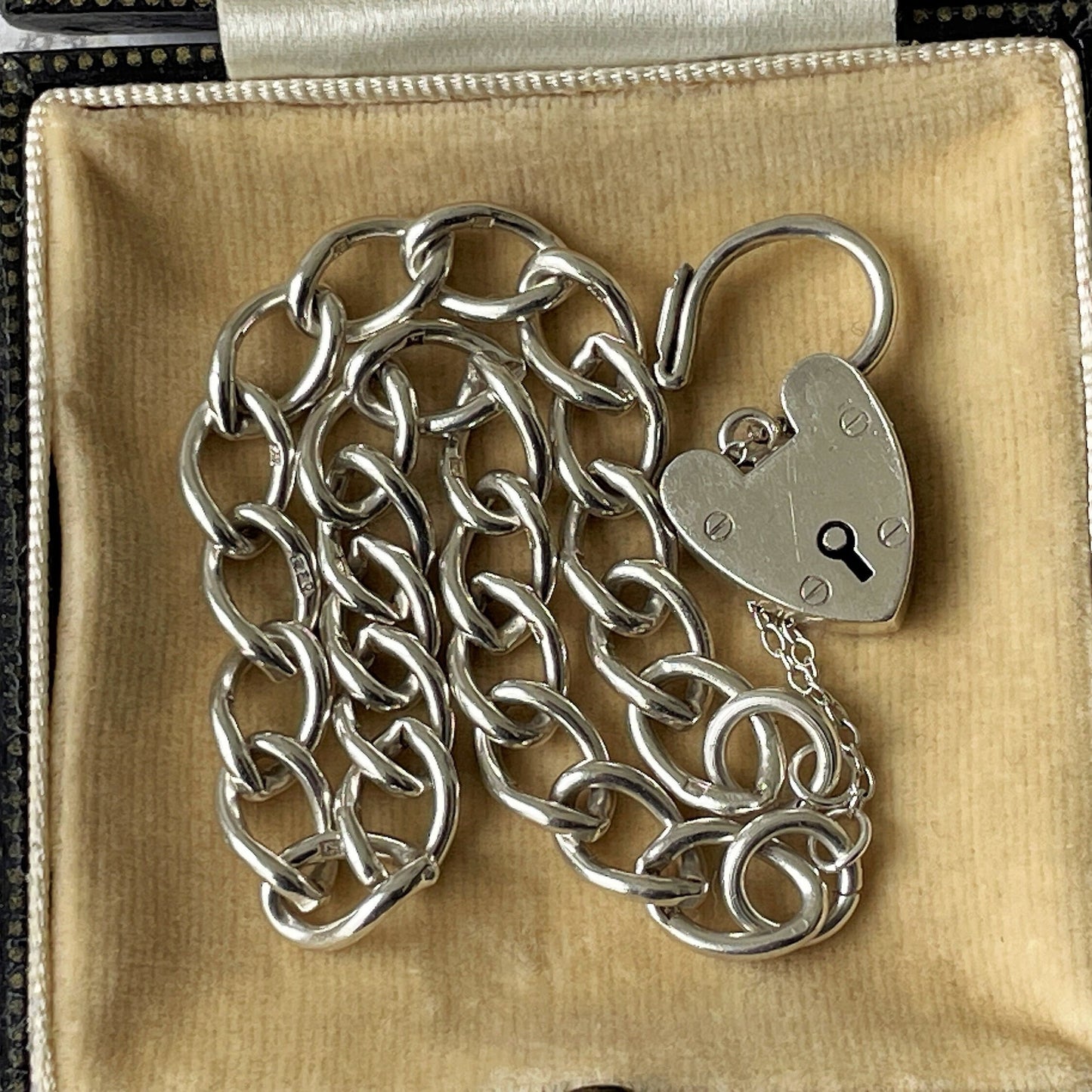 Vintage English Silver Curb Chain Bracelet With Love Heart Padlock