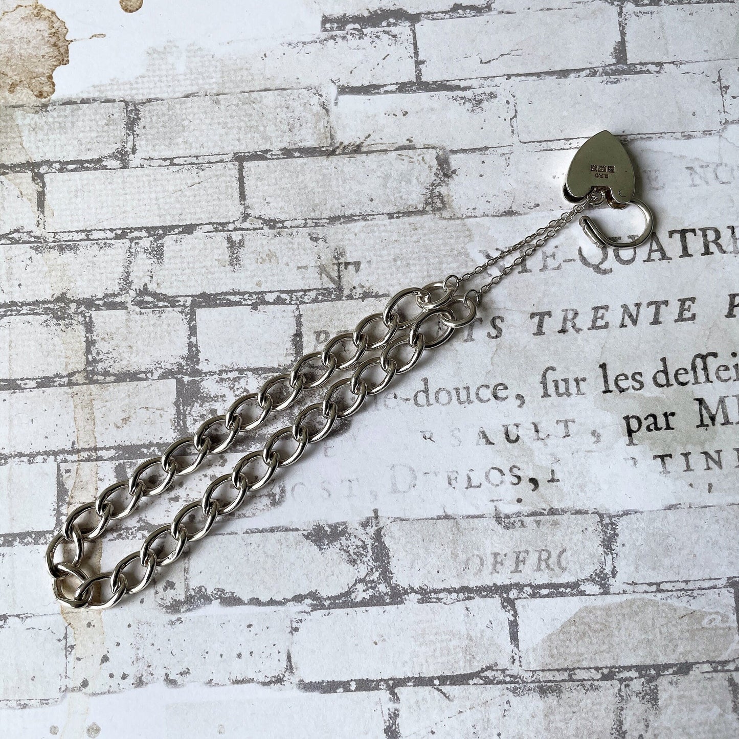 Vintage English Silver Curb Chain Bracelet With Love Heart Padlock