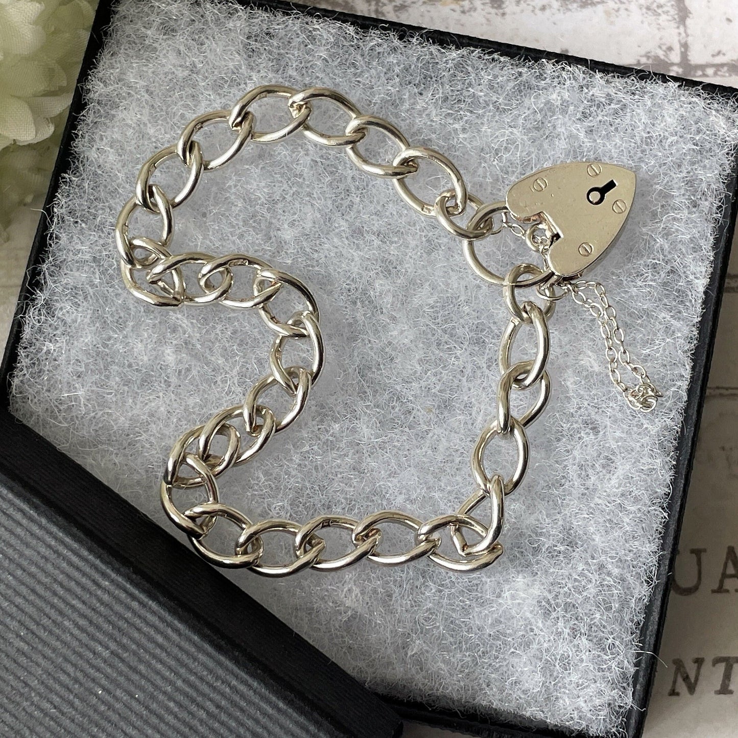Vintage English Silver Curb Chain Bracelet With Love Heart Padlock