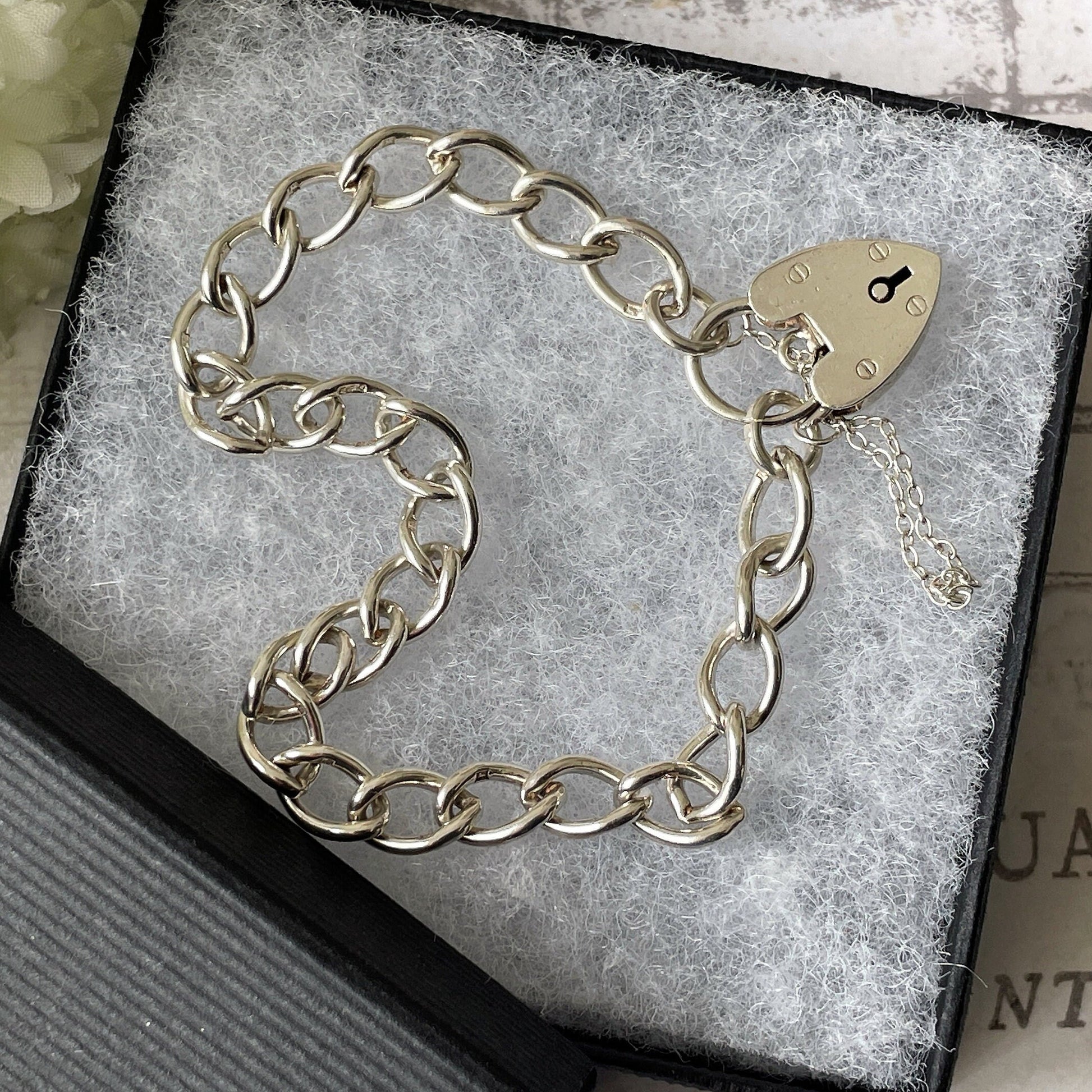Vintage English Silver Curb Chain Bracelet With Love Heart Padlock