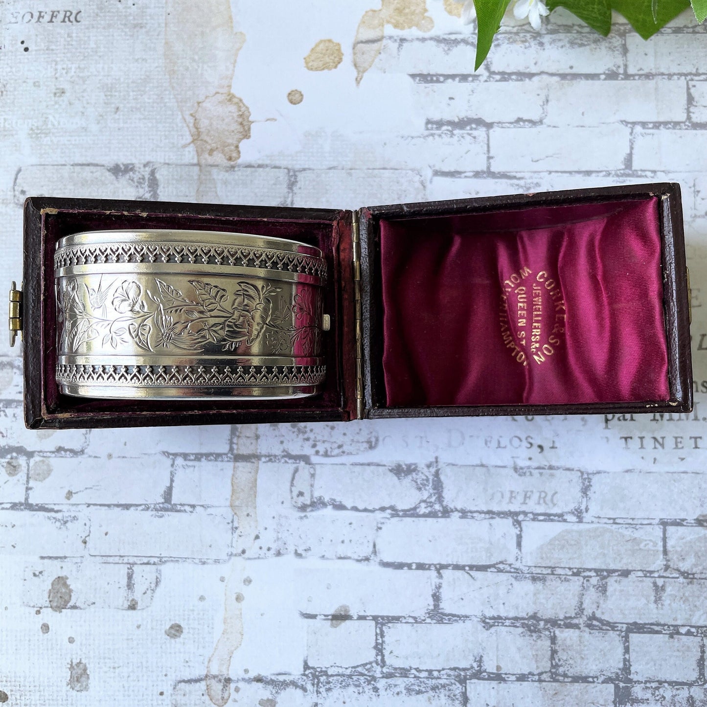 Victorian Aesthetic 1881 Sterling Silver Bangle In Antique Fitted Box. Antique Swallow Floral Engraved Wide Cuff Silver Bangle Bracelet