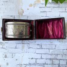 Cargar imagen en el visor de la galería, Victorian Aesthetic 1881 Sterling Silver Bangle In Antique Fitted Box. Antique Swallow Floral Engraved Wide Cuff Silver Bangle Bracelet
