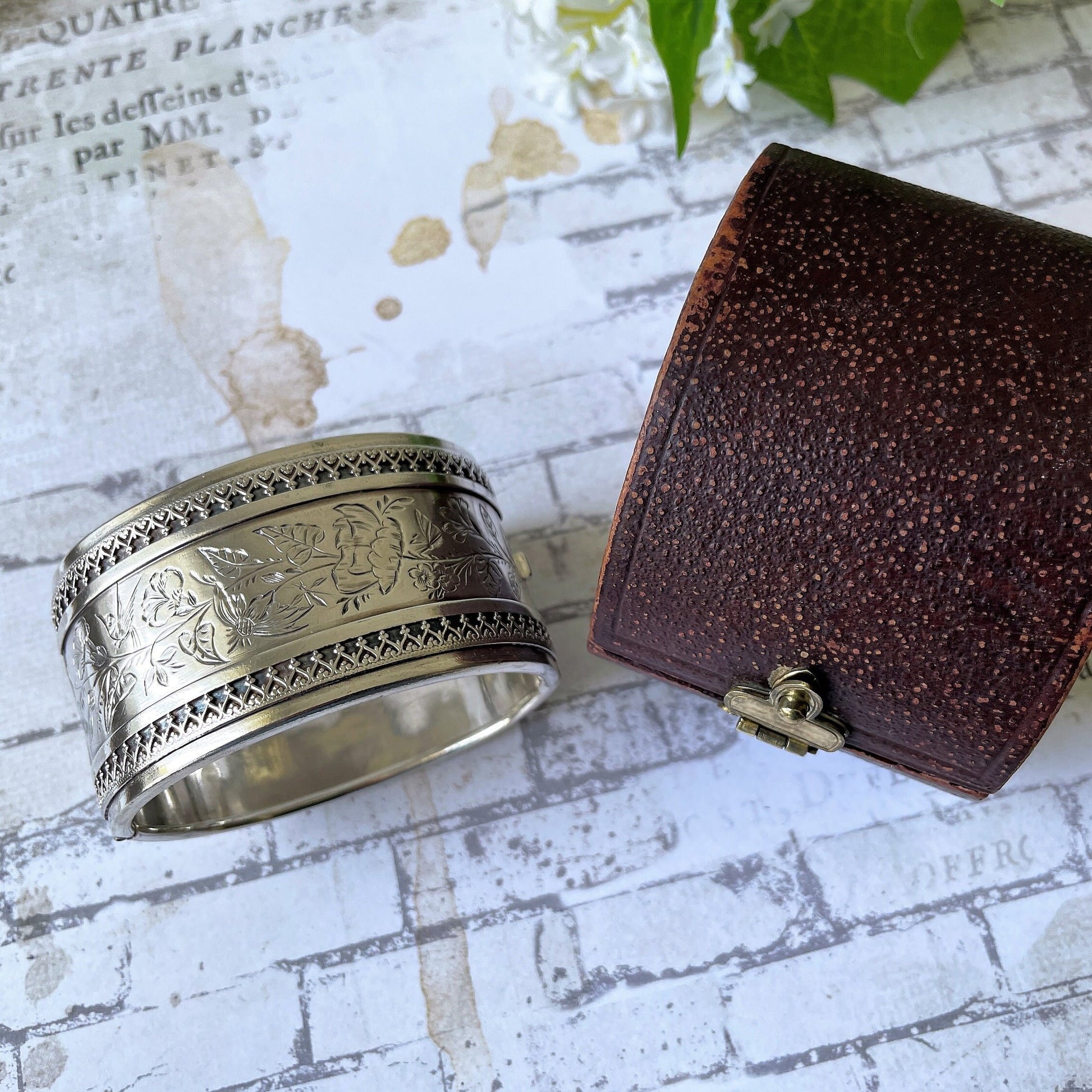 Victorian Aesthetic 1881 Sterling Silver Bangle In Antique Fitted Box. Antique Swallow Floral Engraved Wide Cuff Silver Bangle Bracelet