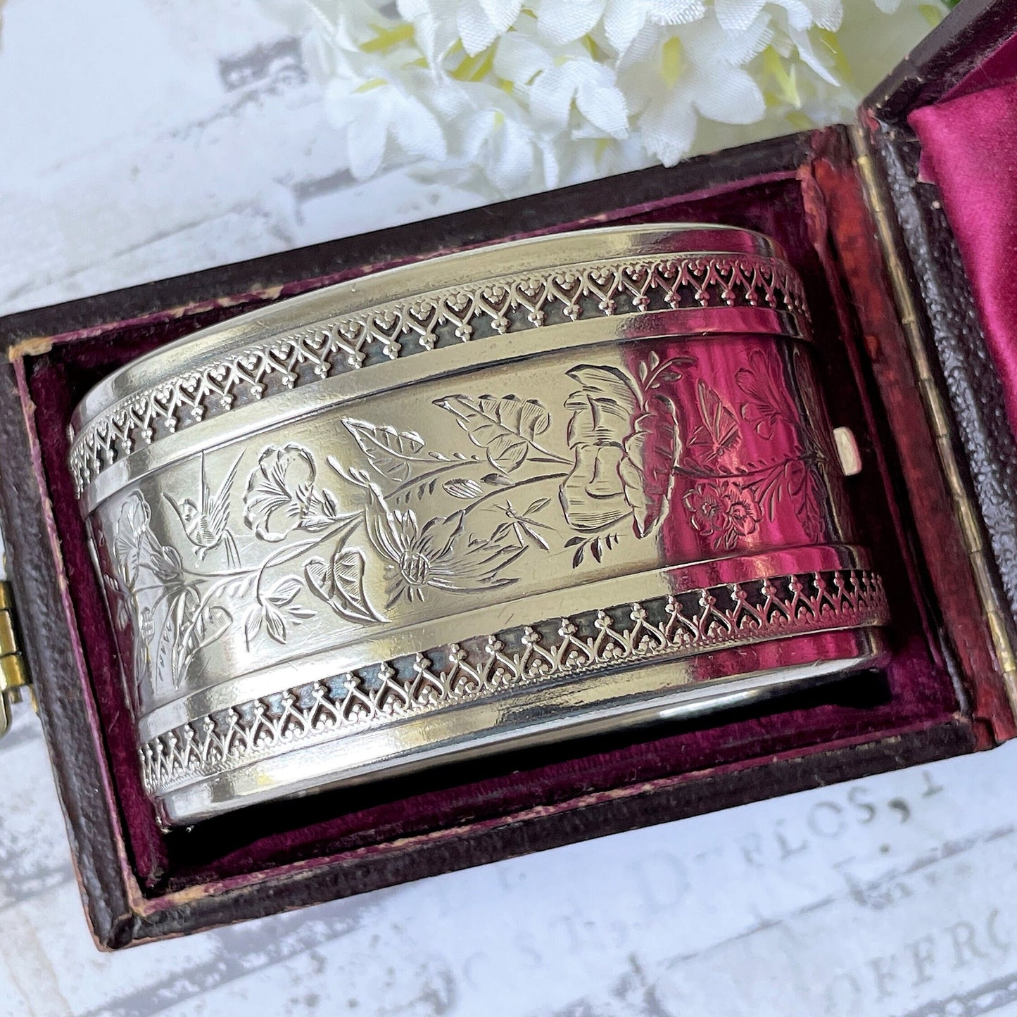 Victorian Aesthetic 1881 Sterling Silver Bangle In Antique Fitted Box. Antique Swallow Floral Engraved Wide Cuff Silver Bangle Bracelet
