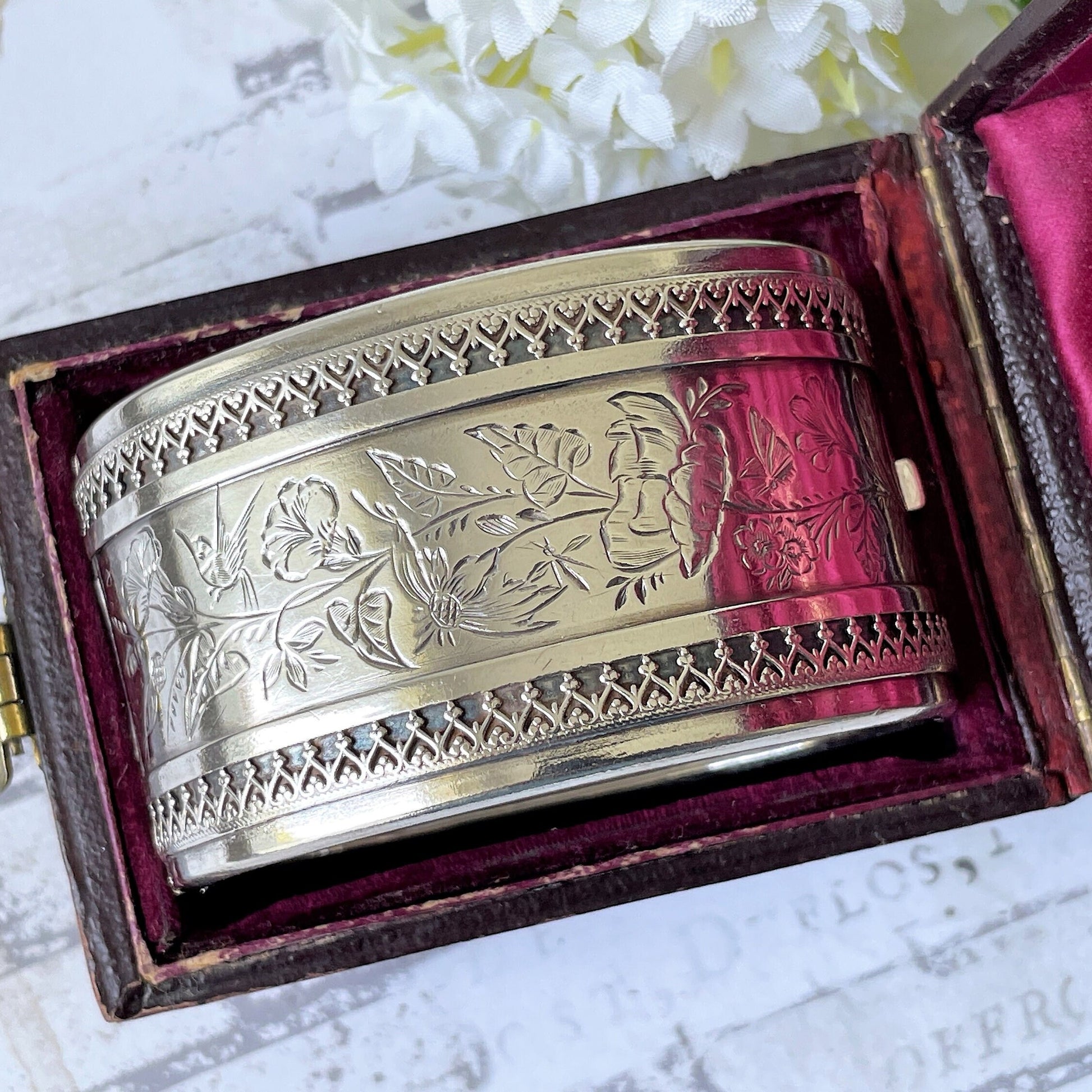 Victorian Aesthetic 1881 Sterling Silver Bangle In Antique Fitted Box. Antique Swallow Floral Engraved Wide Cuff Silver Bangle Bracelet
