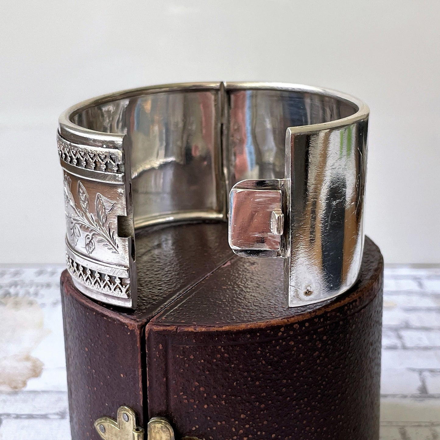 Victorian Aesthetic 1881 Sterling Silver Bangle In Antique Fitted Box. Antique Swallow Floral Engraved Wide Cuff Silver Bangle Bracelet