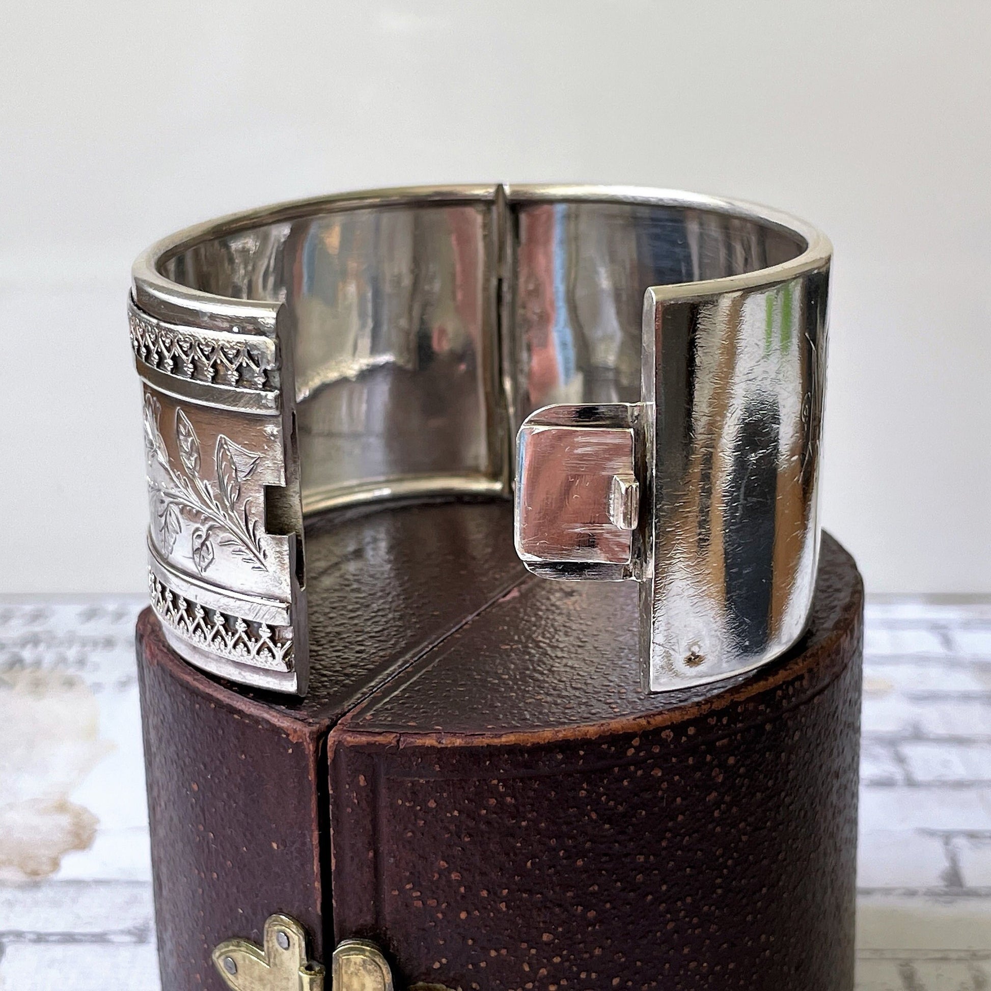 Victorian Aesthetic 1881 Sterling Silver Bangle In Antique Fitted Box. Antique Swallow Floral Engraved Wide Cuff Silver Bangle Bracelet