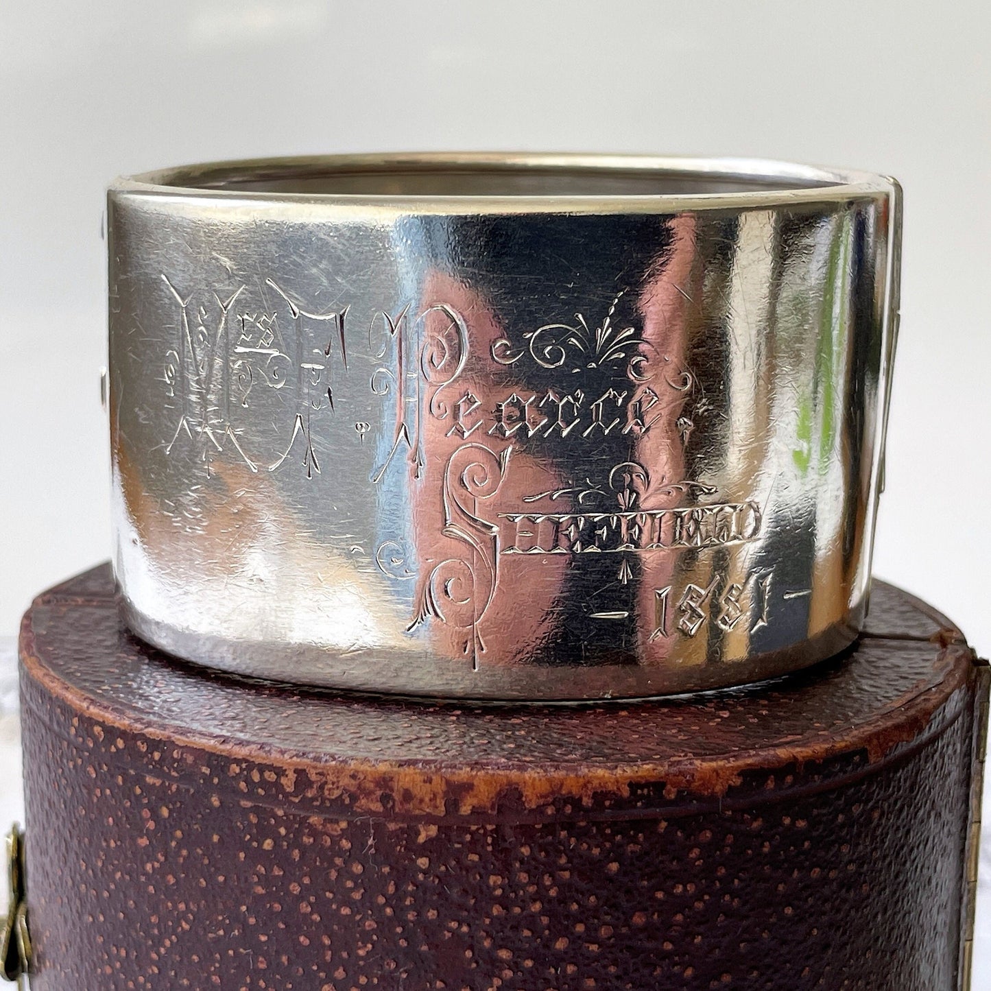 Victorian Aesthetic 1881 Sterling Silver Bangle In Antique Fitted Box. Antique Swallow Floral Engraved Wide Cuff Silver Bangle Bracelet