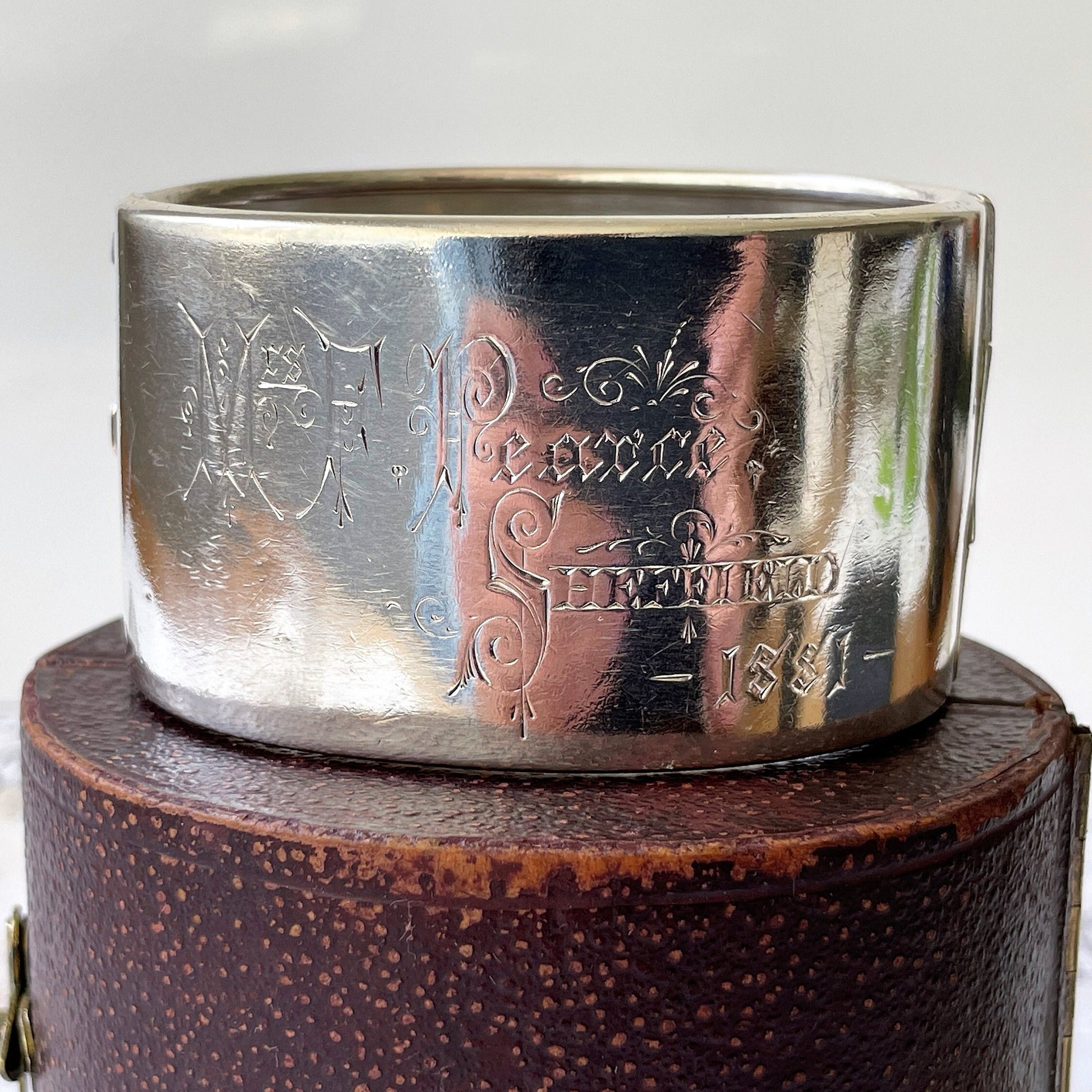 Victorian Aesthetic 1881 Sterling Silver Bangle In Antique Fitted Box. Antique Swallow Floral Engraved Wide Cuff Silver Bangle Bracelet