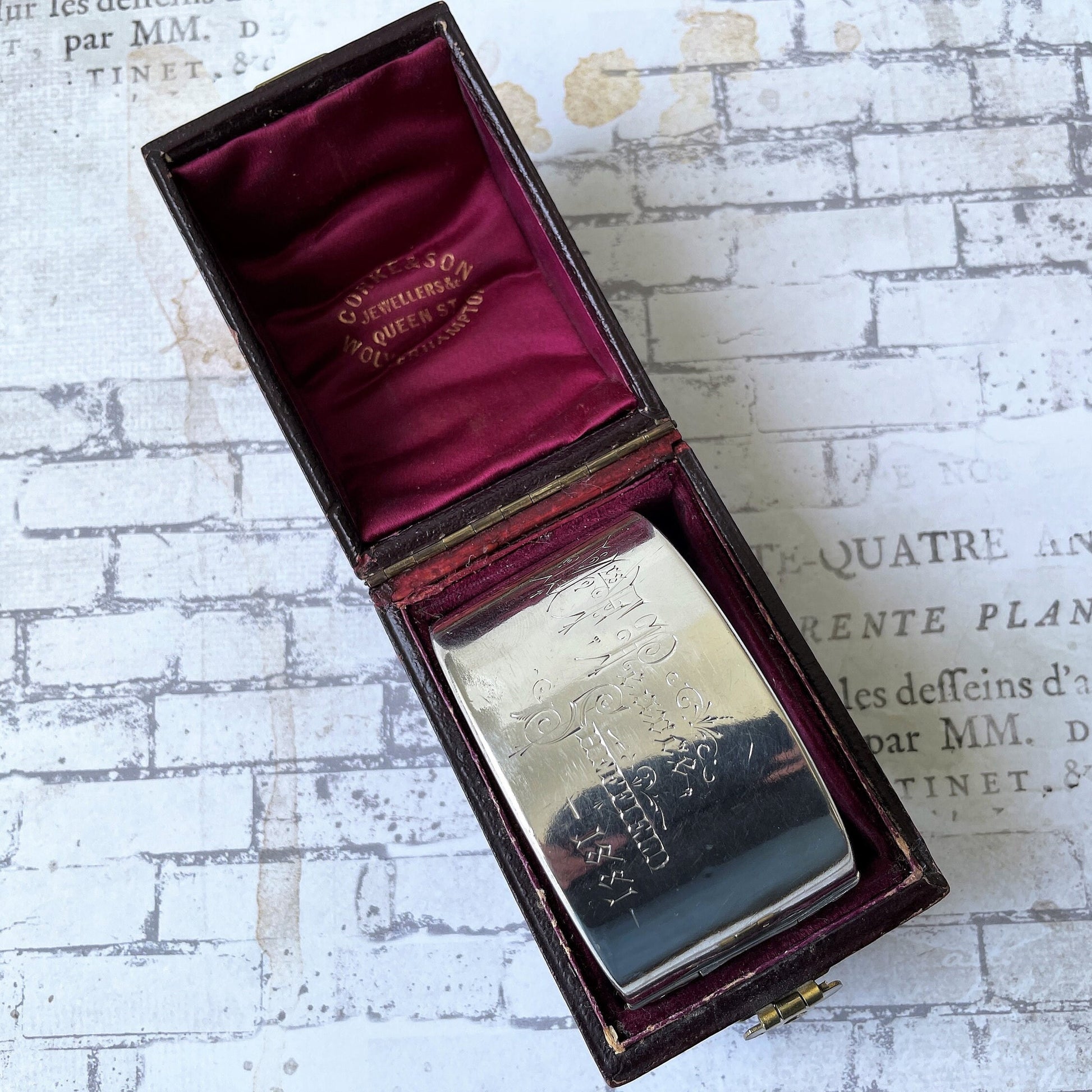 Victorian Aesthetic 1881 Sterling Silver Bangle In Antique Fitted Box. Antique Swallow Floral Engraved Wide Cuff Silver Bangle Bracelet