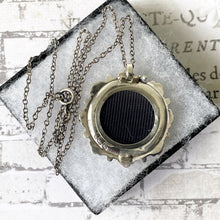 Load image into Gallery viewer, Antique Victorian c1884 Silver Target Locket Pendant &amp; Chain. Aesthetic Engraved Rhondelle Wheel Pendant With Photo Compartment.
