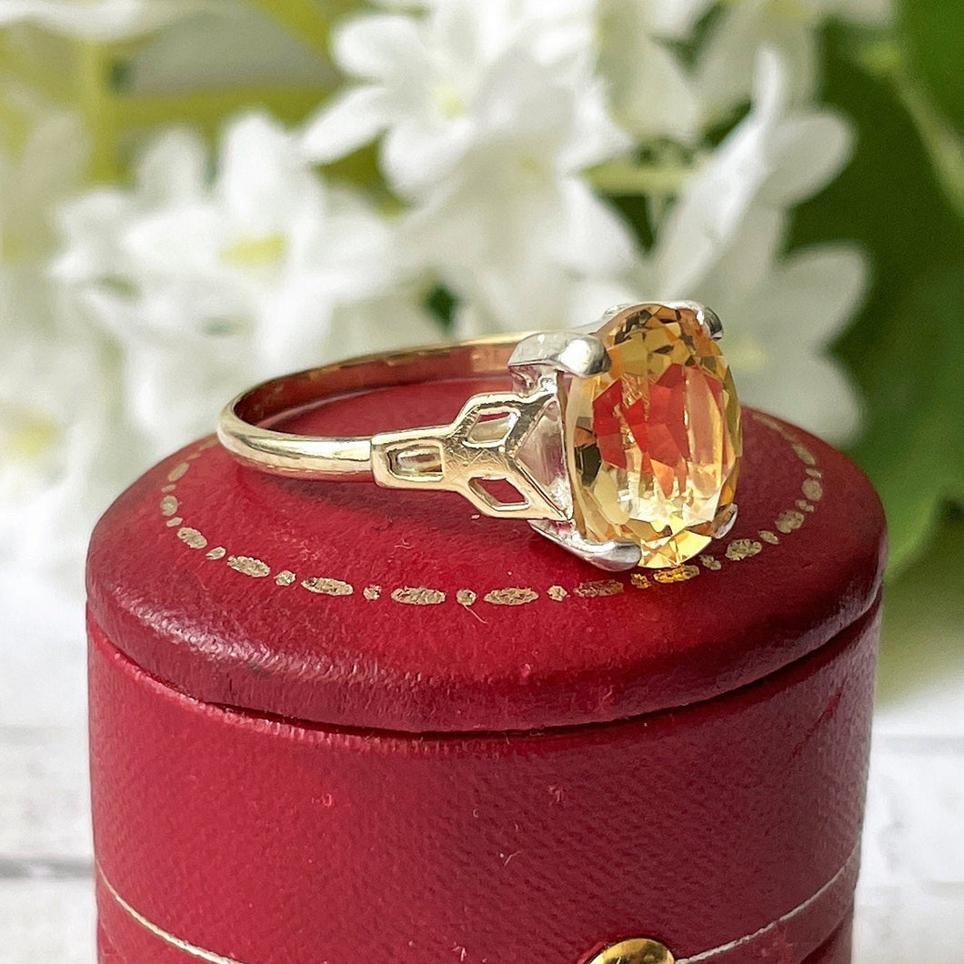 Antique Art Deco 9ct Gold Scottish Citrine Solitaire Ring. 4 Carat Oval Cut Pale Golden Yellow Citrine Ring. Vintage Scottish Cairngorm Ring