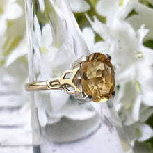 Load image into Gallery viewer, Antique Art Deco 9ct Gold Scottish Citrine Solitaire Ring. 4 Carat Oval Cut Pale Golden Yellow Citrine Ring. Vintage Scottish Cairngorm Ring
