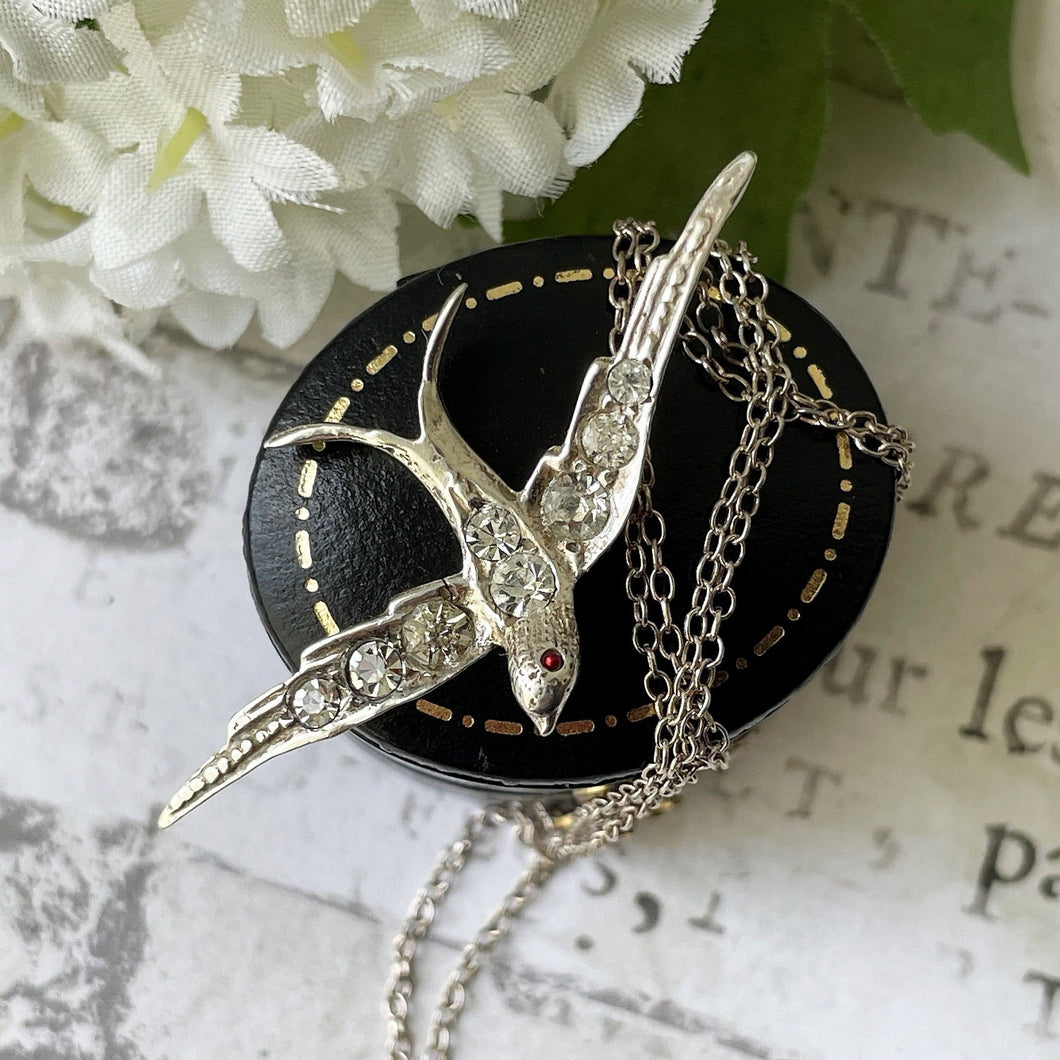 Antique Silver Paste Diamond Swallow Pendant & Chain. Victorian/Edwardian Sterling Silver Love Bird Pendant Necklace. Sweetheart Jewelry