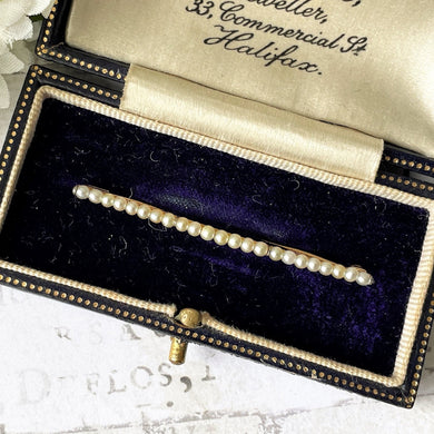Antique 15ct Gold Seed Pearl Bar Brooch. Victorian/Edwardian Rose Gold Nappy Style Lapel Pin. Alternative Antique Stock/Tie/Cravat Pin