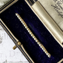 Cargar imagen en el visor de la galería, Antique 15ct Gold Seed Pearl Bar Brooch. Victorian/Edwardian Rose Gold Nappy Style Lapel Pin. Alternative Antique Stock/Tie/Cravat Pin
