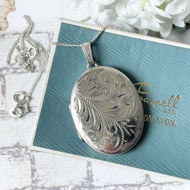 Vintage Edwardian Style English Sterling Silver Locket & Curb Chain. 1970s Floral Engraved Chubby Oval Photo Locket Necklace.