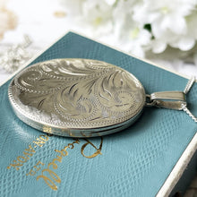 画像をギャラリービューアに読み込む, Vintage Edwardian Style English Sterling Silver Locket &amp; Curb Chain. 1970s Floral Engraved Chubby Oval Photo Locket Necklace.
