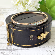 Load image into Gallery viewer, Edwardian Opal &amp; Diamond 9ct Rose Gold Bangle In Monogrammed Fitted Case. Antique Chester 1905 Gold Bangle Bracelet With Morocco Leather Box
