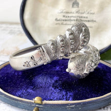 Lade das Bild in den Galerie-Viewer, Victorian Etruscan Revival Silver Snake Bangle. Antique Wraparound Cuff Bracelet. British Design Registered Love Token Bangle Bracelet
