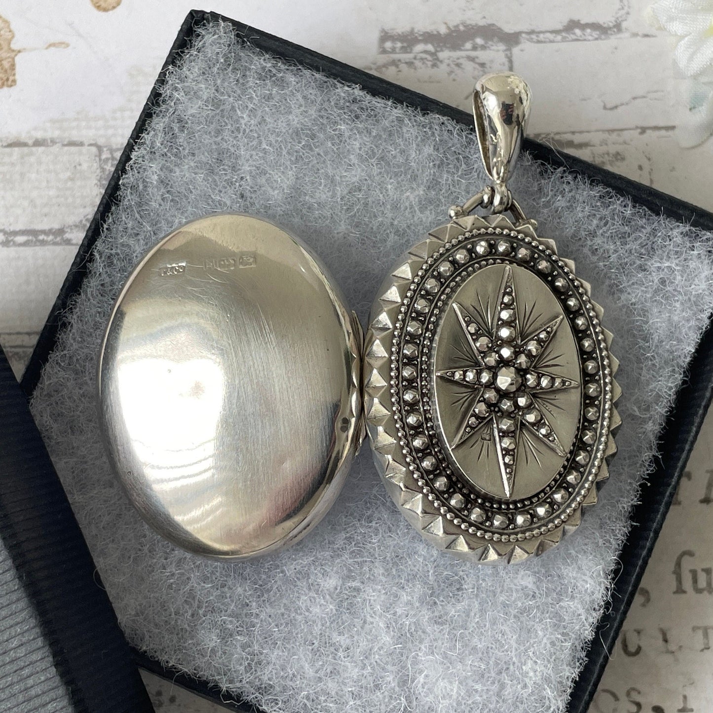 Victorian Baroque Guiding Star Sterling Silver Locket. Large Antique Studded Star English Silver Locket, T & Co 1886. Bookchain Locket.