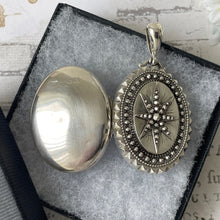 Load image into Gallery viewer, Victorian Baroque Guiding Star Sterling Silver Locket. Large Antique Studded Star English Silver Locket, T &amp; Co 1886. Bookchain Locket.
