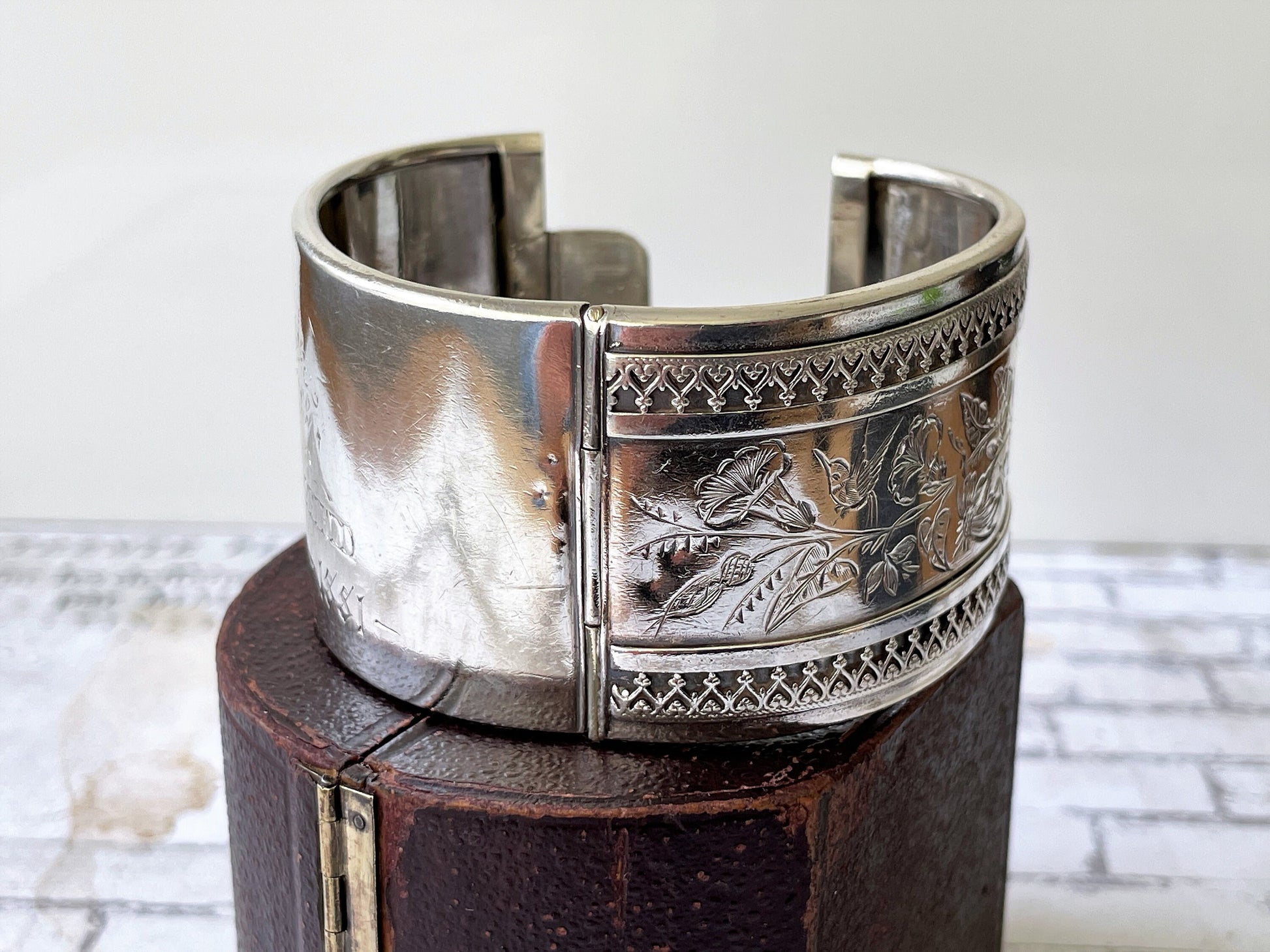 Victorian Aesthetic 1881 Sterling Silver Bangle In Antique Fitted Box. Antique Swallow Floral Engraved Wide Cuff Silver Bangle Bracelet
