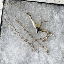Load image into Gallery viewer, Antique Silver Paste Diamond Swallow Pendant &amp; Chain. Victorian/Edwardian Sterling Silver Love Bird Pendant Necklace. Sweetheart Jewelry
