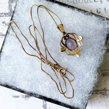 Load image into Gallery viewer, Vintage 9ct Gold Amethyst &amp; Pearl Pendant On 9ct Gold Chain. English Yellow Gold Art Nouveau Style Openwork Pendant Necklace.
