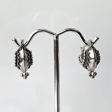 Load image into Gallery viewer, Vintage Sterling Silver Bali Temple Hoop Earrings. Asian Boat Shaped Silver Huggie Earrings. Balinese Designer BA Suarti Silver Jewellery
