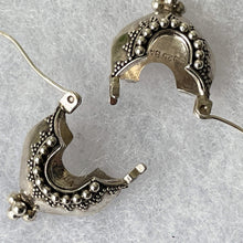 Load image into Gallery viewer, Vintage Sterling Silver Bali Temple Hoop Earrings. Asian Boat Shaped Silver Huggie Earrings. Balinese Designer BA Suarti Silver Jewellery
