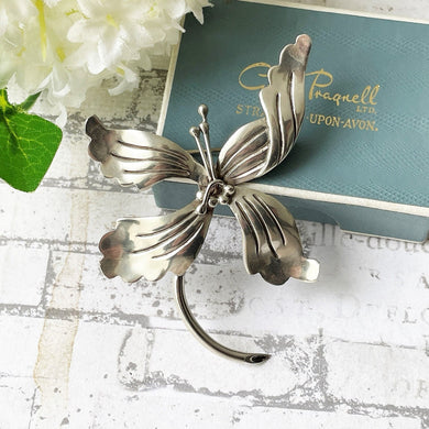 Vintage 1950s Mexican Sterling Silver Orchid Brooch. Retro Mid-Century Taxco Silver Flower Statement Brooch. Modernist Studio Jewelry Mexico