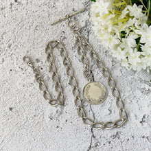 Lade das Bild in den Galerie-Viewer, Large Antique Silver Albert Watch Chain With Goldsmiths &amp; Silversmiths Fob . Watch Chain Curb Link Necklace, Medal Pendant, T-Bar, Dog Clip
