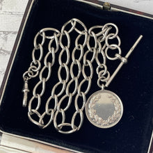 Cargar imagen en el visor de la galería, Large Antique Silver Albert Watch Chain With Goldsmiths &amp; Silversmiths Fob . Watch Chain Curb Link Necklace, Medal Pendant, T-Bar, Dog Clip
