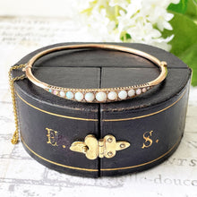 画像をギャラリービューアに読み込む, Edwardian Opal &amp; Diamond 9ct Rose Gold Bangle In Monogrammed Fitted Case. Antique Chester 1905 Gold Bangle Bracelet With Morocco Leather Box
