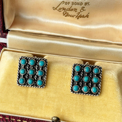 Vintage Zuni Silver Petit Point Turquoise Cluster Earrings. Arts & Crafts Sterling Silver Screw Back Earrings. Native American Jewellery