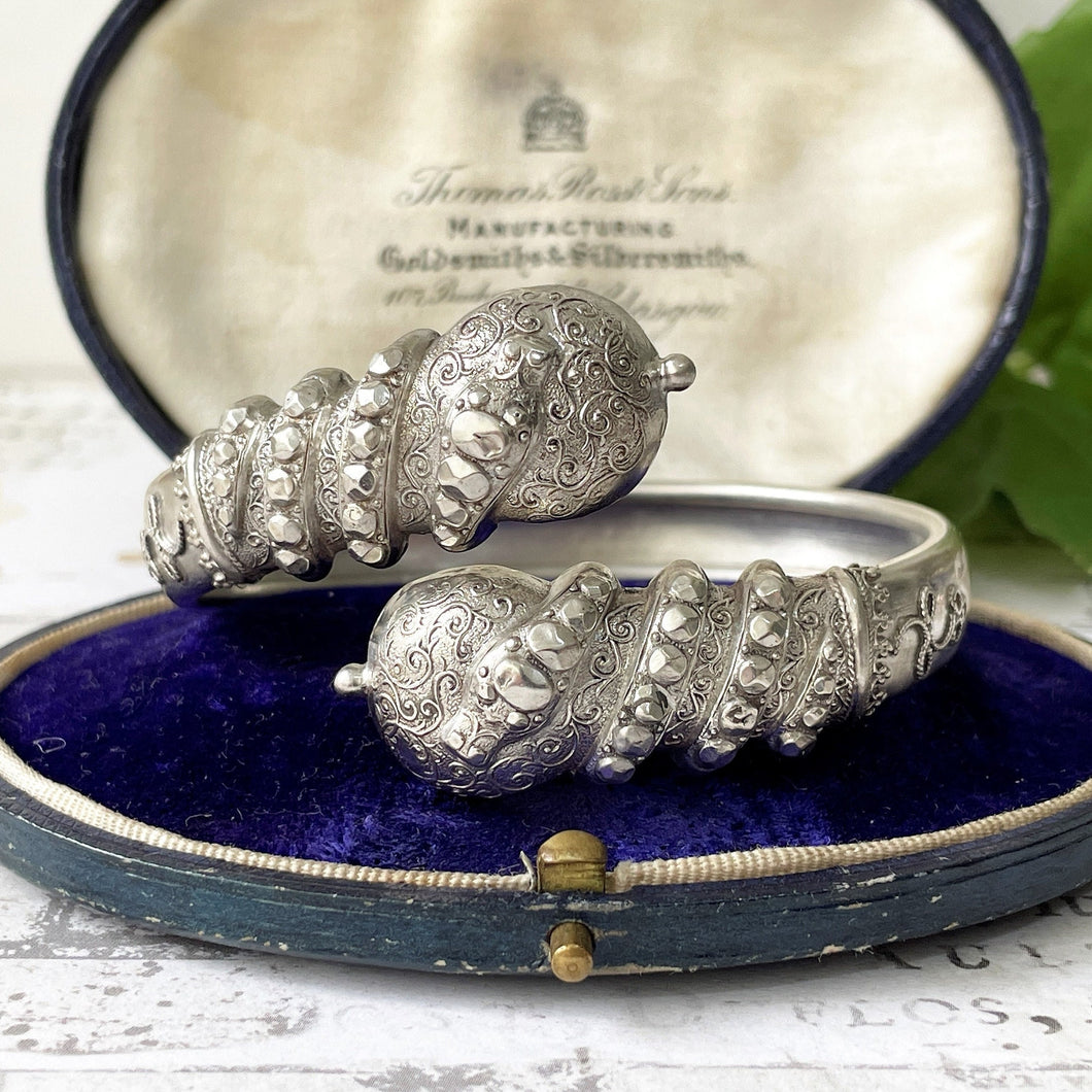Victorian Etruscan Revival Silver Snake Bangle. Antique Wraparound Cuff Bracelet. British Design Registered Love Token Bangle Bracelet