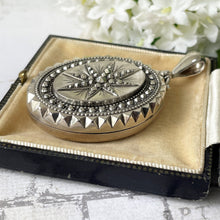Load image into Gallery viewer, Victorian Baroque Guiding Star Sterling Silver Locket. Large Antique Studded Star English Silver Locket, T &amp; Co 1886. Bookchain Locket.
