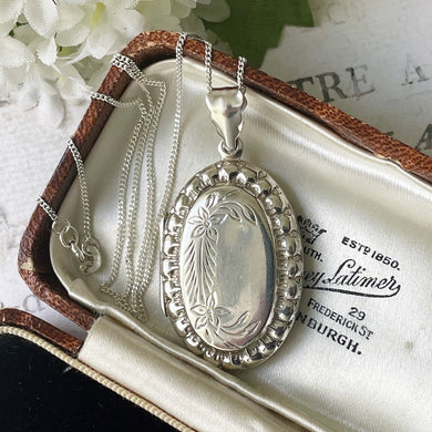 Vintage Edwardian Style Sterling Silver Oval Locket & Curb Chain. Repousse Engraved English Silver Photo/Keepsake Locket Pendant Necklace