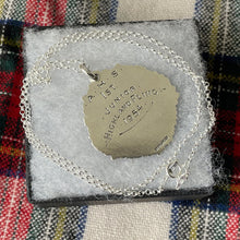 Load image into Gallery viewer, Vintage Scottish Silver Highland Fling Fob Pendant Necklace. Large Engraved Thistle, Rose &amp; Shamrock Scottish Dancing Medal Dated 1954.
