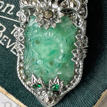 Cargar imagen en el visor de la galería, Antique Art Deco Silver &amp; Simulated Carved Jade Dress Clip. 1920s Green Czech Peking Glass Sterling Silver Flower Brooch Pendant
