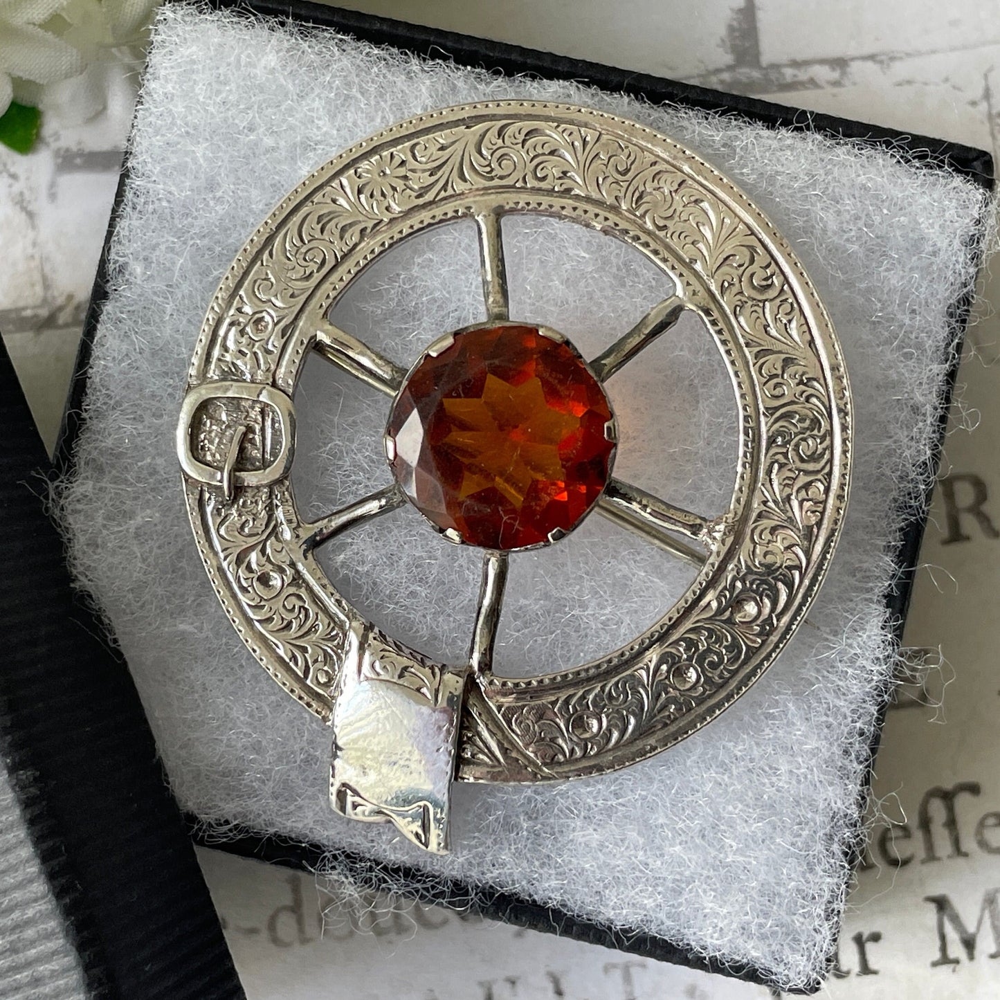 Victorian Scottish Silver Belted Garter Citrine Brooch. Aesthetic Engraved Cartwheel Brooch. Antique Scottish Cairngorm Plaid/Tartan Brooch