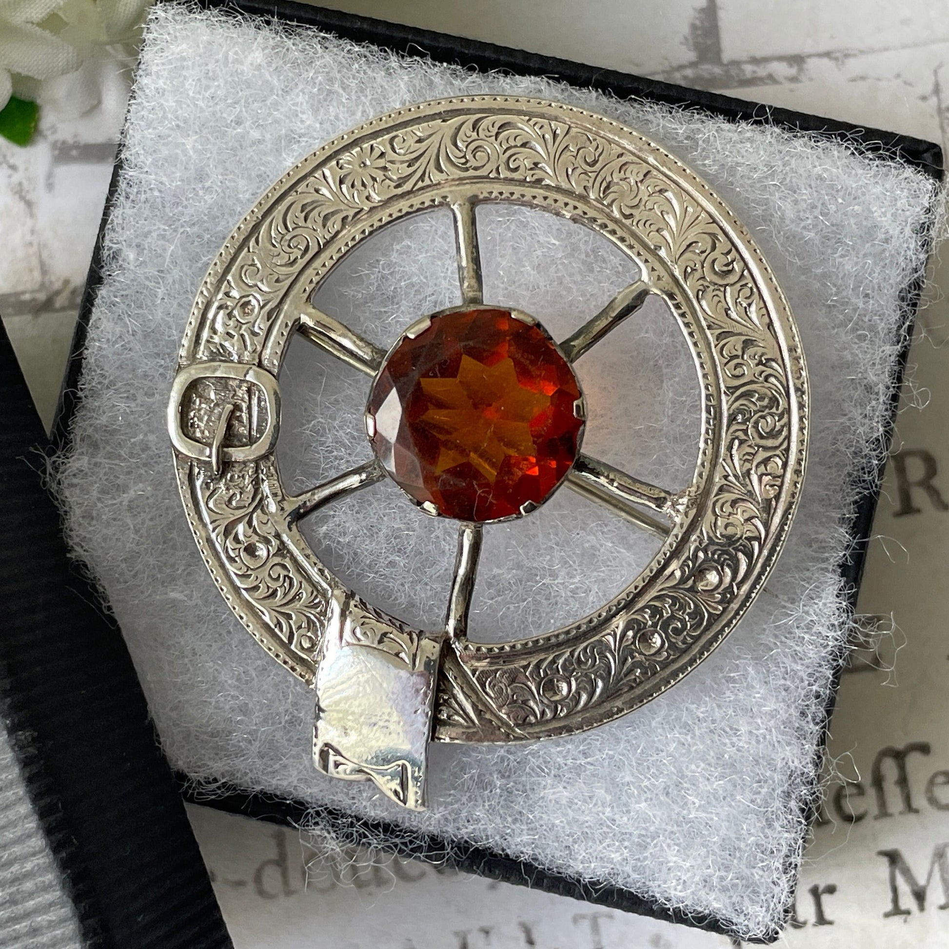 Victorian Scottish Silver Belted Garter Citrine Brooch. Aesthetic Engraved Cartwheel Brooch. Antique Scottish Cairngorm Plaid/Tartan Brooch