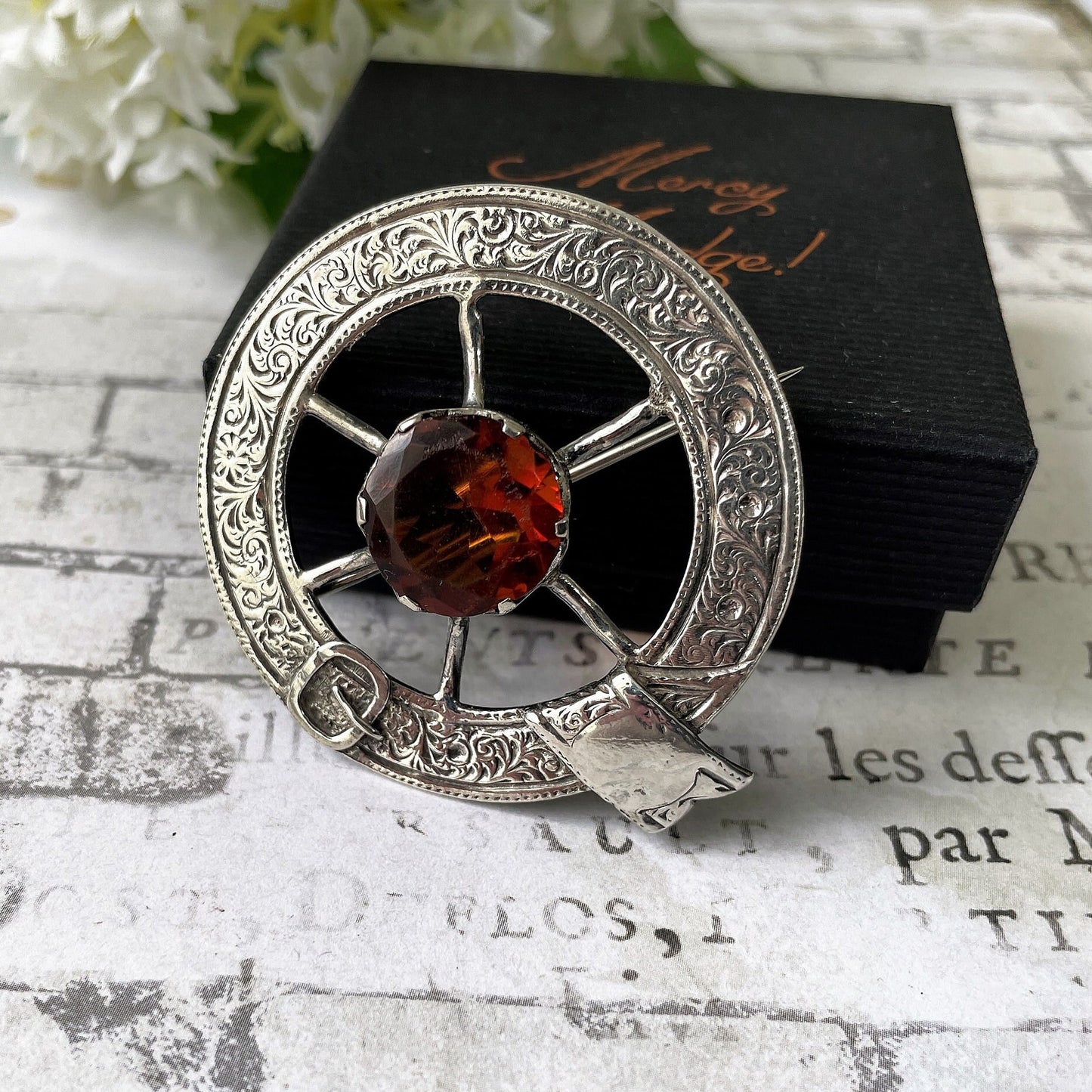 Victorian Scottish Silver Belted Garter Citrine Brooch. Aesthetic Engraved Cartwheel Brooch. Antique Scottish Cairngorm Plaid/Tartan Brooch