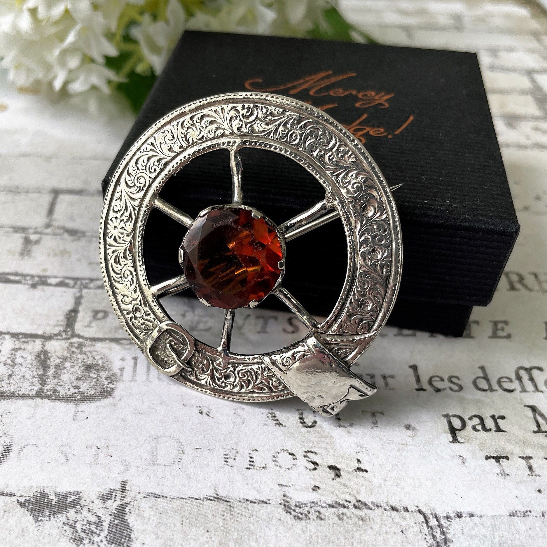 Victorian Scottish Silver Belted Garter Citrine Brooch. Aesthetic Engraved Cartwheel Brooch. Antique Scottish Cairngorm Plaid/Tartan Brooch