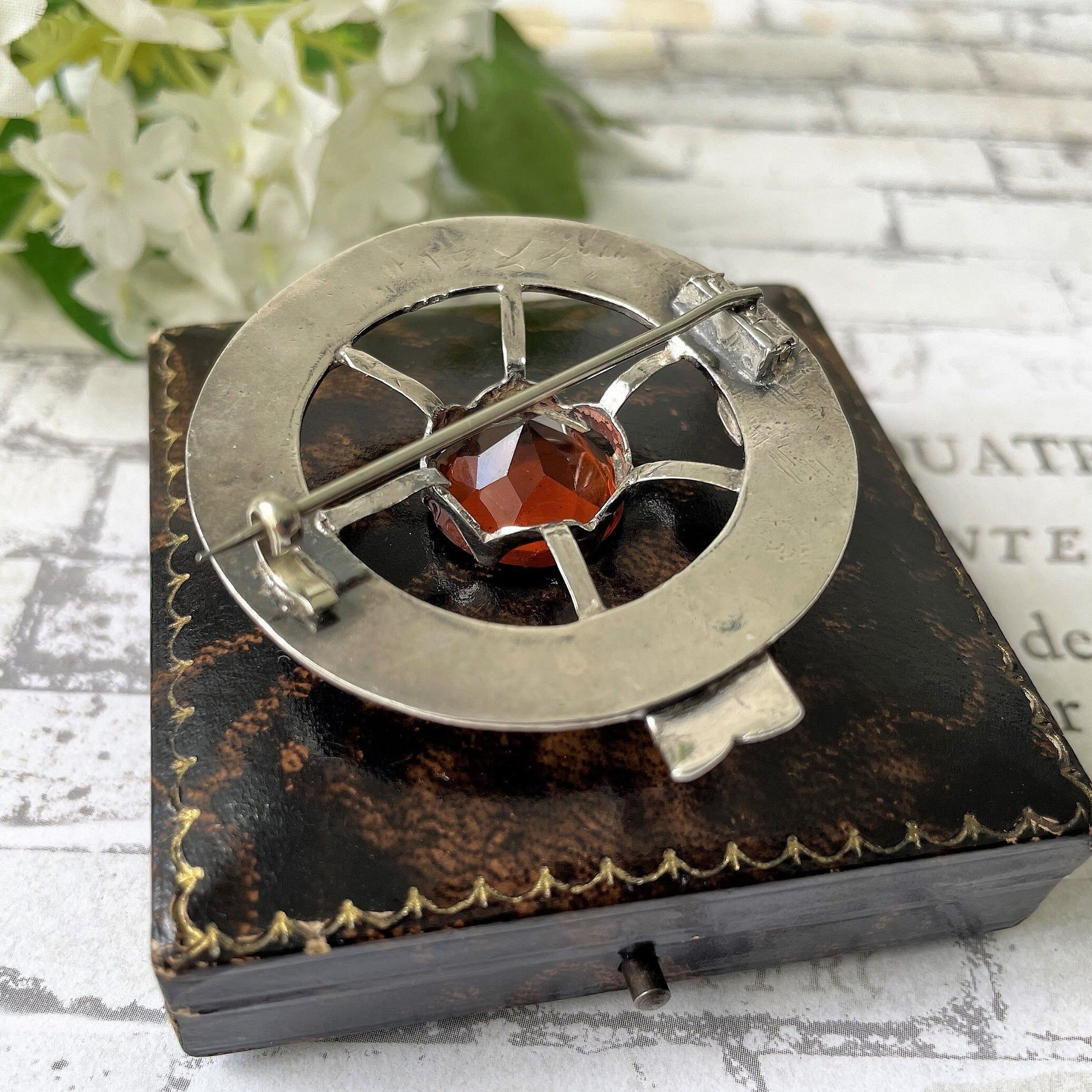 Victorian Scottish Silver Belted Garter Citrine Brooch. Aesthetic Engraved Cartwheel Brooch. Antique Scottish Cairngorm Plaid/Tartan Brooch