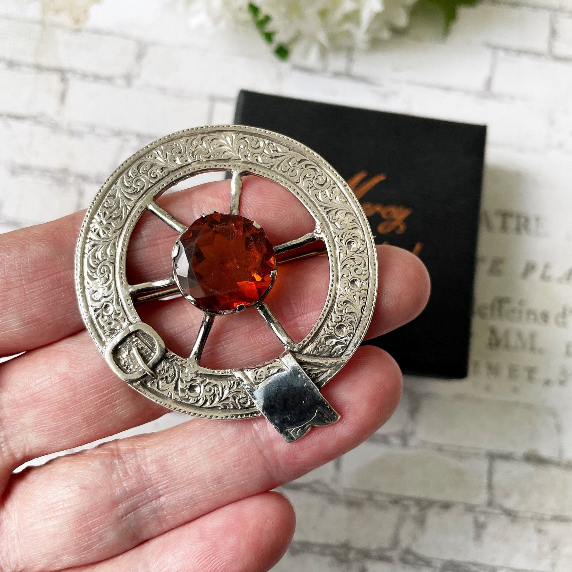Victorian Scottish Silver Belted Garter Citrine Brooch. Aesthetic Engraved Cartwheel Brooch. Antique Scottish Cairngorm Plaid/Tartan Brooch