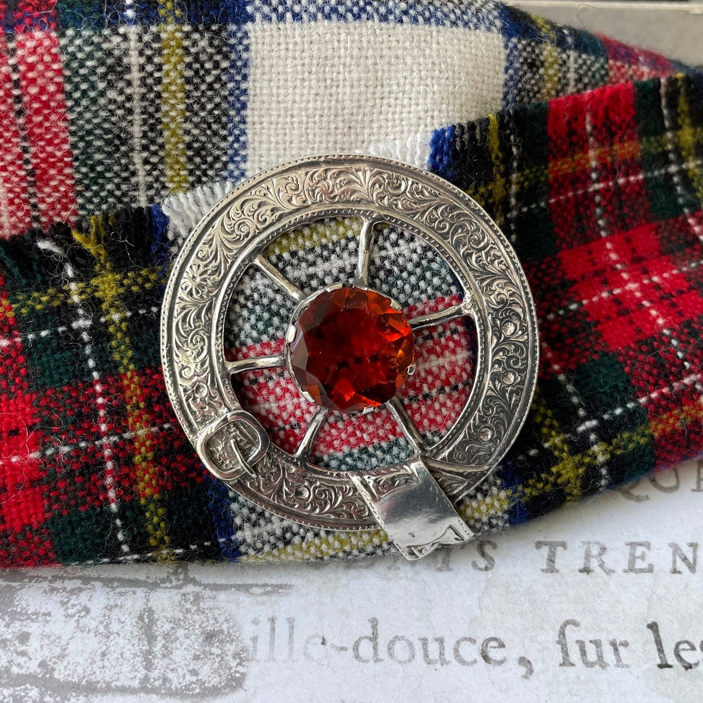 Victorian Scottish Silver Belted Garter Citrine Brooch. Aesthetic Engraved Cartwheel Brooch. Antique Scottish Cairngorm Plaid/Tartan Brooch